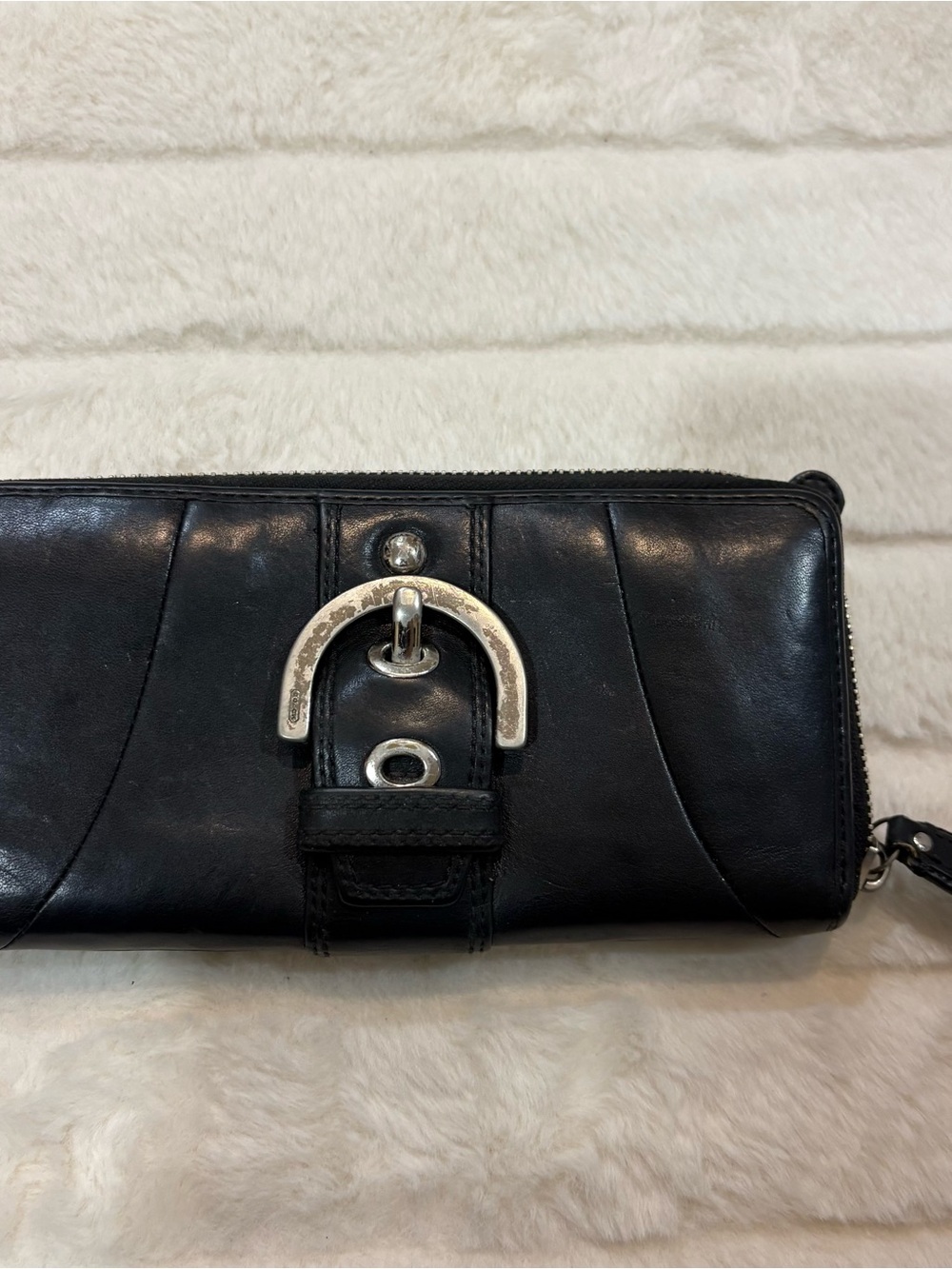 Coach Black Leather Zip Wallet with Silver-Tone Buckle
